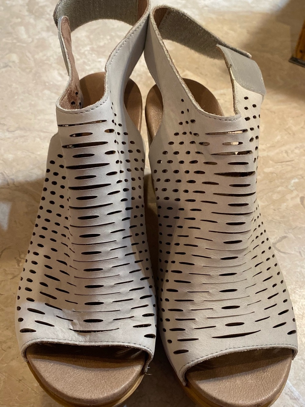 Dansko Cream Laser-Cut Peep-Toe Wedge Sandals with Elastic Back